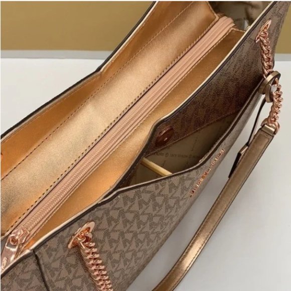 MICHAEL KORS LARGE X CHAIN SHOULDER TOTE BAG ROSE GOLD COLOR SIGNATURE - Picture 5 of 16